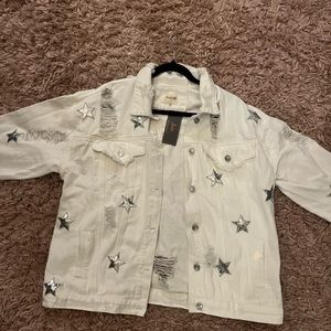 White oversized denim jacket with sequin stars! NWT! Never worn!